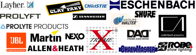   " "   Layher Prolyft Prolyte Products JBL Martin Nexo Clay Paky Christie SennHeiser X-treme Eschenbach Groupe Walter Shure DAD Cadenbach Acoustics Nexo Robe ChainMaster Allen&Heath 